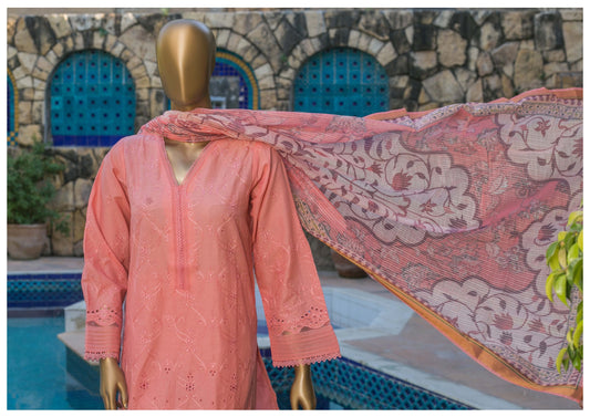 3 Piece ChikanKari Cotton- Pink Peach
