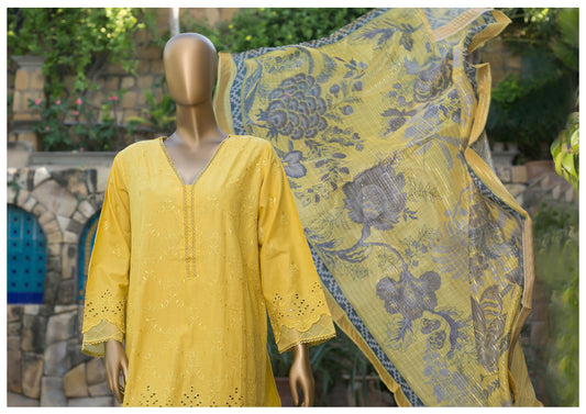 3 Piece ChikanKari Cotton- Yellow