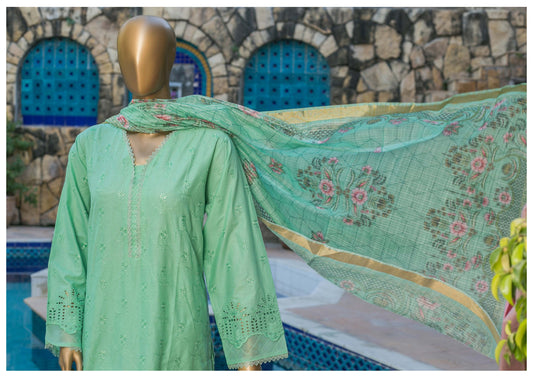 3 Piece ChikanKari Cotton- Lime Green
