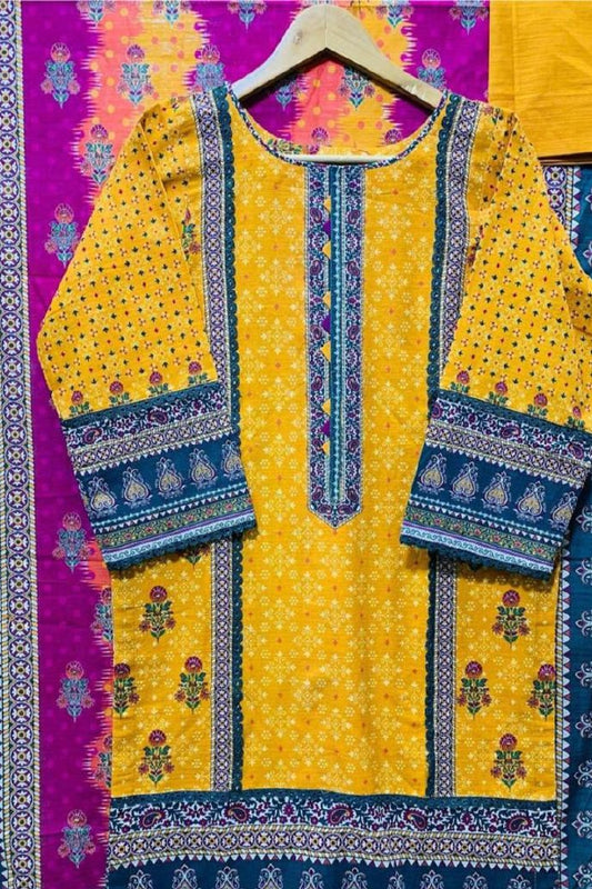 3 Piece Printed Khaddar - Blue & Yellow