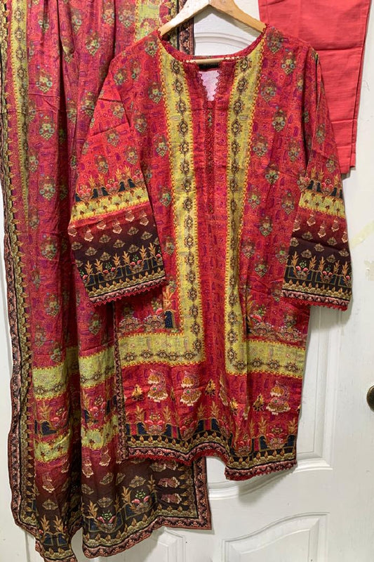 3 Piece Printed Khaddar - Pale Red
