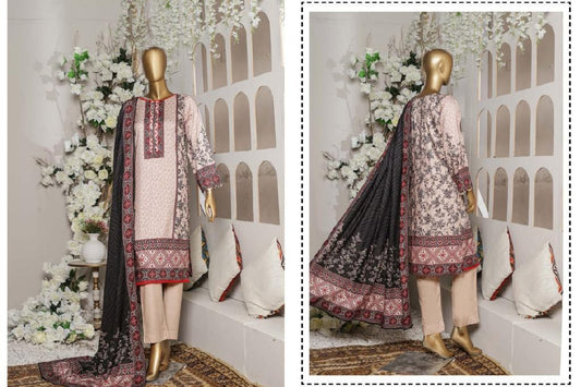 3 Piece Printed Linen - Beige Red