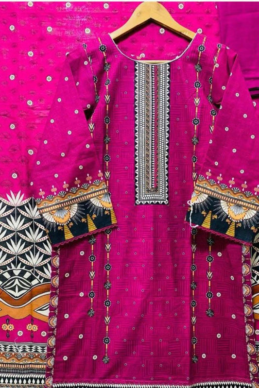 3 Piece Printed Khaddar - Royal Pink