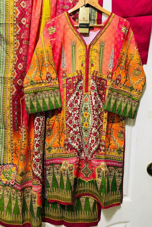 3 Piece Printed Khaddar - Tropical Mango